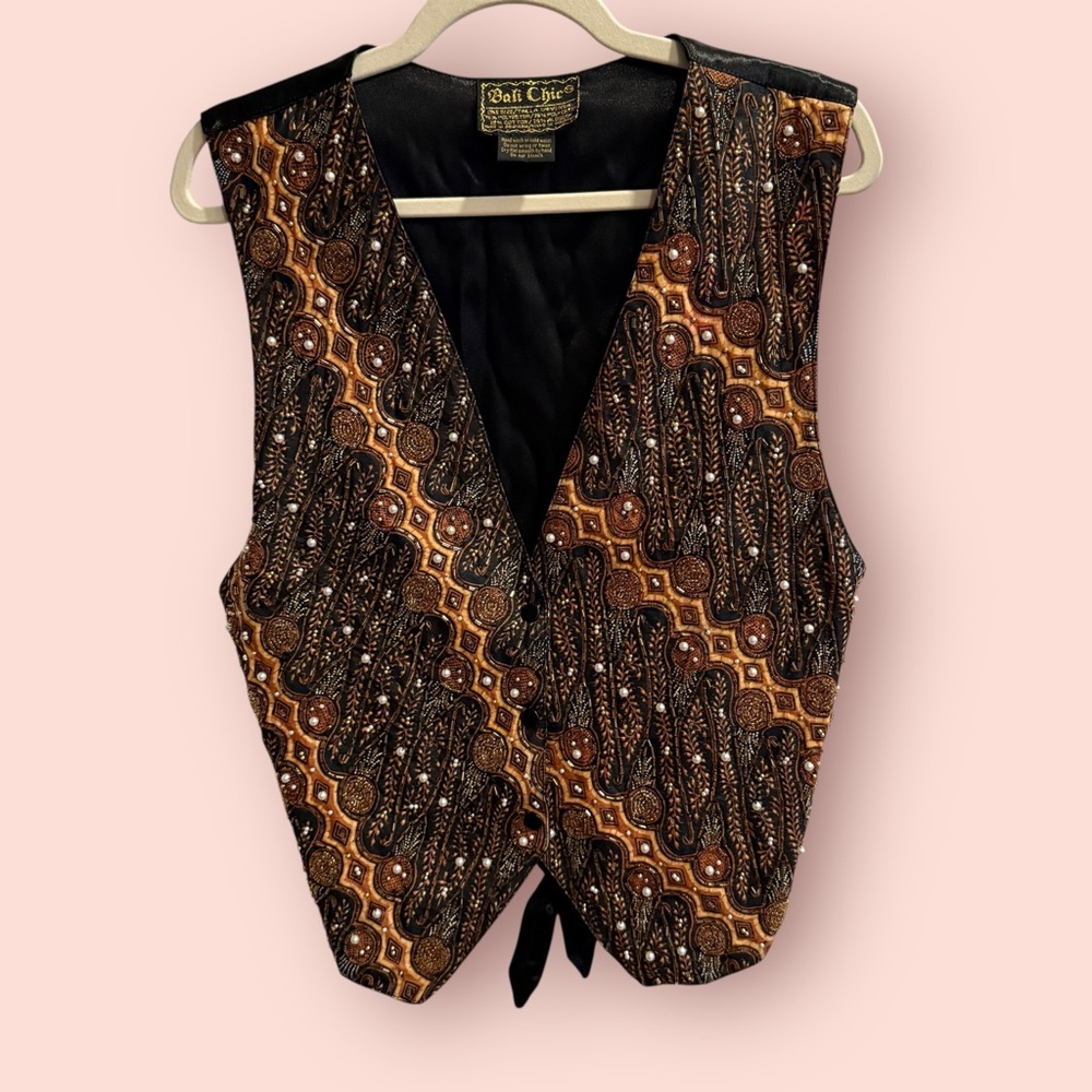 Vintage Bali Chic Beaded Boho Vest Tie Front Embellished Festival Top